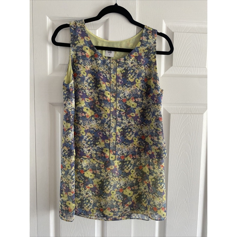 Cabi 5041 Layered Floral Chiffon Blouse Womens Size SM‎ Yellow Blue Sleeveless